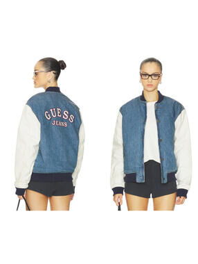 GUESS JEANS DENIM LETTERMAN JACKET IN ARTISTIC MEDIUM WASH size M  NWT